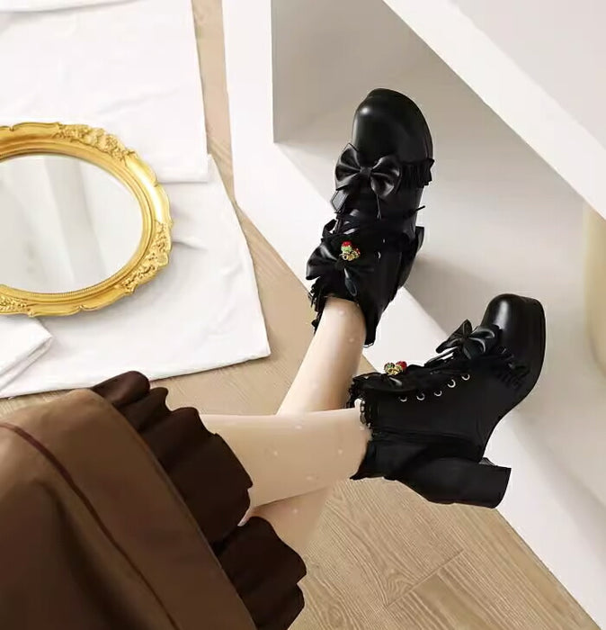 【5cmヒール】ロリータ ブーツ 厚底ブーツ レディース キッズ 子供 靴 ショート丈 編み上げブーツ お姫様 お嬢様 ロリィタ いちご リボン レース  太ヒール 歩きやすい 痛くない サイドジップ かわいい 七五三 コスプレ お茶会 発表会 黒 白 秋冬