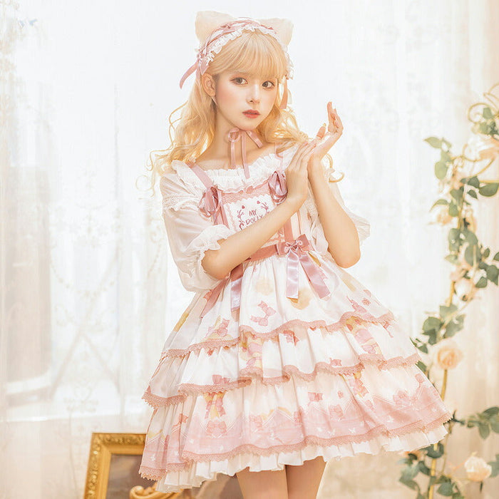 【7日内出荷】ロリータキャミワンピース ロリータ衣装 ロリータドレス lolita キャミワンピース 女の子 春 夏 猫元素 袖なし 甘ロリ jsk リボン レース 原宿 ガーリー 可愛い S/M/L/XL