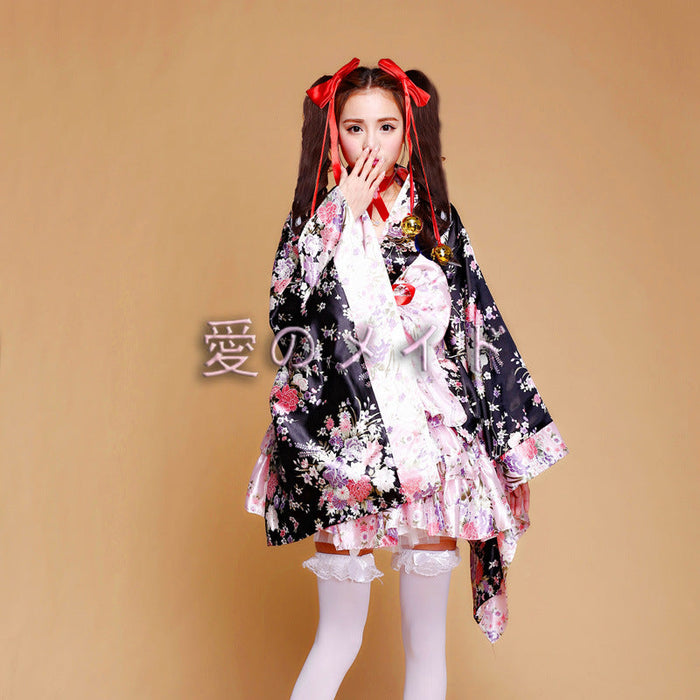 【6点セット】和風メイド服 ミニ丈 メイド喫茶 メイドコスチューム ジャパニーズメイド lolita ミニスカ ハロウィン 衣装 仮装 パーティ コスプレ フルセット 可愛い 萌え