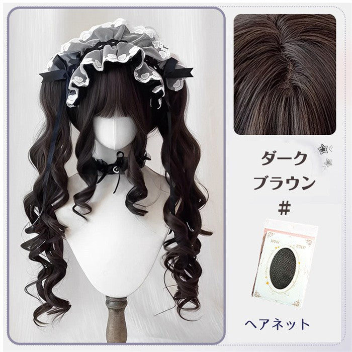 【7日内出荷】ロリータ ウィッグ ロング カール ツインテール フルウィッグ バンスクリップ付き 前髪あり ふんわり カール 耐熱 コスプレ メイド ロリータファッション 撮影用 衣装用 ブラック ブラウン 金髪