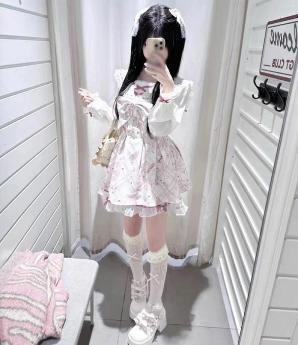 【7日内出荷】【S-2L】セーラーカラー 量産型 ワンピース クマ柄 長袖 レディース レース リボン ショート丈 ミニ 蝶結び ギャル ドレス ハイウエスト Aライン アニマル柄 かわいい 可愛い 病みかわいい ロリータ 学生 お姫様 プリンセス お出かけ 通勤 春 秋 ピンク ホワイト S M L XL