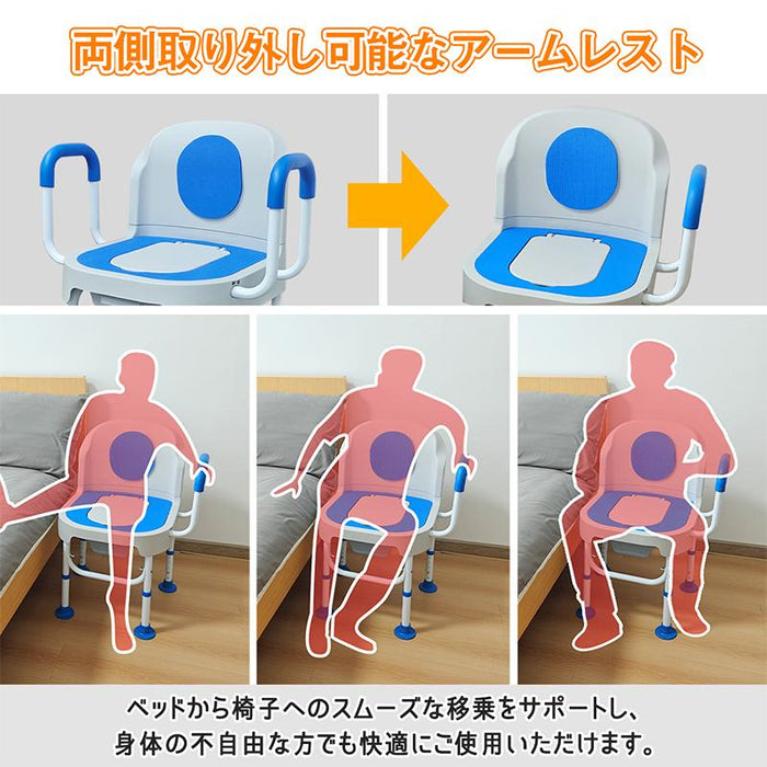 RAKU ポータブルトイレ 介護用トイレ 水洗い可 簡易便座 高さ調節 耐荷重約100kg 安定性 ダブル蓋付き 背もたれ付き トイレ補助 手すり付き  EVAシート 高齢者