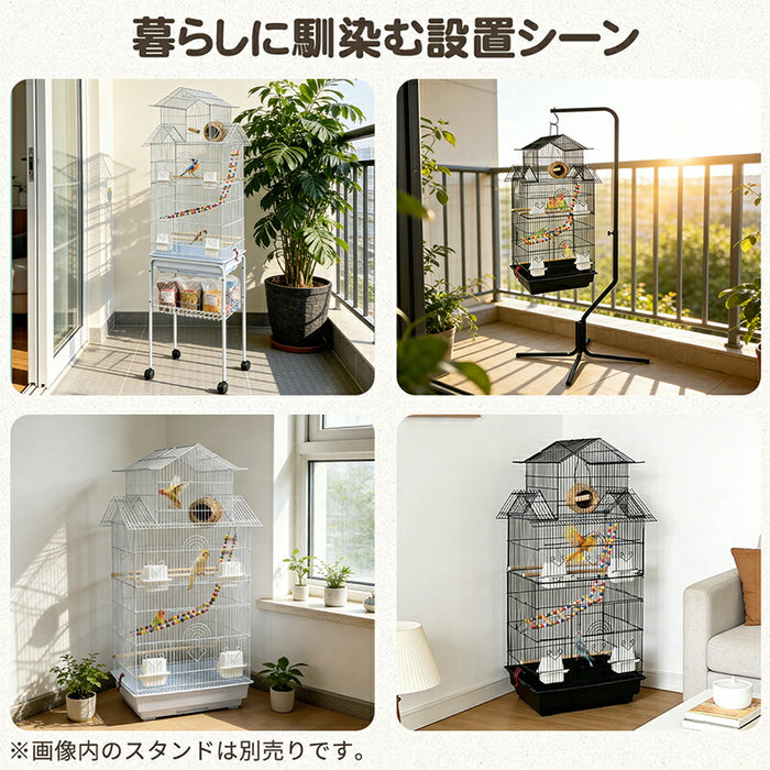 RAKU バードケージ 大型 多頭飼い 鳥かご セキセイインコ オカメインコ 飼育セット 幅50×奥行40×高さ104cm 止まり木 巣箱 ブランコ付き エサ入れ4個 引き出し式トレー お手入れ簡単 ホワイト/ブラック