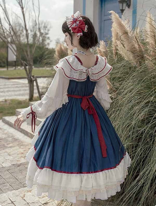 【7日内出荷】 ロリータ 森ガール ワンピース Aライン Lolita 2way オフショルダー 長袖 レース フリル 半袖 萌え萌え 可愛い かわいい プリンセス お姫様 プレゼント ミモレ丈 レディース ロココ コスチューム 仮装 ハロウィン 学園祭 文化祭 ベージュ ネイビー