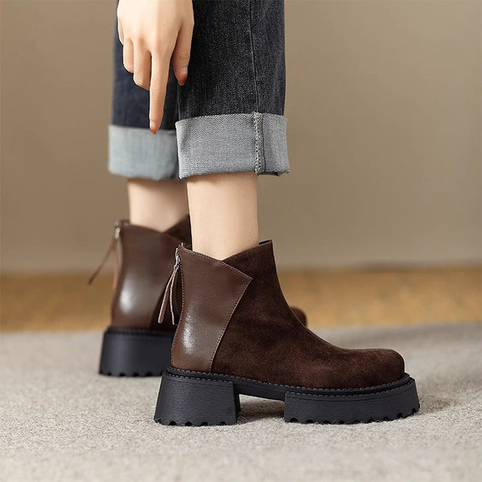 【7日内出荷】【 4cmヒール】ショートブーツ レディース ブーツ 厚底 裏起毛 ヴィンテージ風 バックジッパー スエード PU 4cm ヒール チャンキーヒール 太ヒール 安定感 黒 コンフォート 美脚 靴 通学 通勤 おしゃれ 韓国 歩きやすい 疲れない 痛くない 滑りにくい 大きいサイズ 22cm～24.5cm 春秋冬