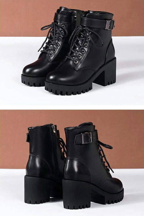 【7.5CMヒール】ブーツ レディース ショートブーツ レースアップブーツ 編み上げブーツ サイドジップ ベルト 厚底 秋ブーツ 歩きやすい 痛くない 太ヒール チャンキーヒール 防寒 通勤 通学 学生 カジュアル 大きいサイズ 秋冬 黒 ブラック