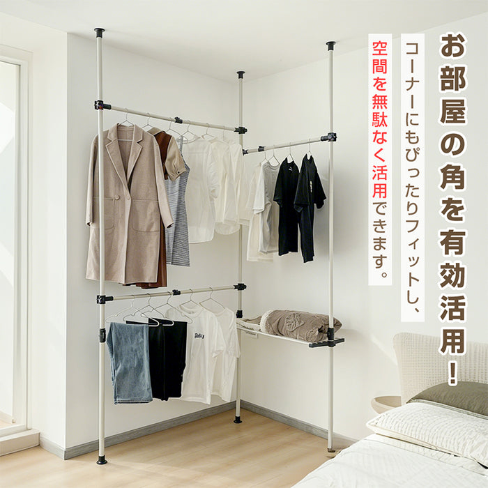 RAKU 突っ張り ハンガーラック 洋服ラック 突っ張りラック 収納ラック 洋服かけ 高さ約192-270cm 幅約70-120cm コーナー対応可 衣類収納 大容量収納 省スペース 横縦伸縮可 設置カンタン 工具不要 棚付き 服かけ クローゼット 日本語説明書付
