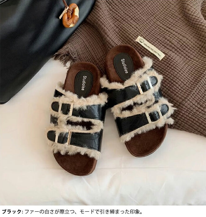 【7日内出荷】【4cmヒール】サンダル 厚底 ファーサンダル レディース ボアサンダル 冬用 4cmヒール もこもこ 歩きやすい 暖かい 冬用サンダル 痛くない 疲れにくい 美脚 ダブルベルト レザー調 合皮 おしゃれ ルームシューズ 室内履き 20代 30代 靴 防寒 黒 茶 白