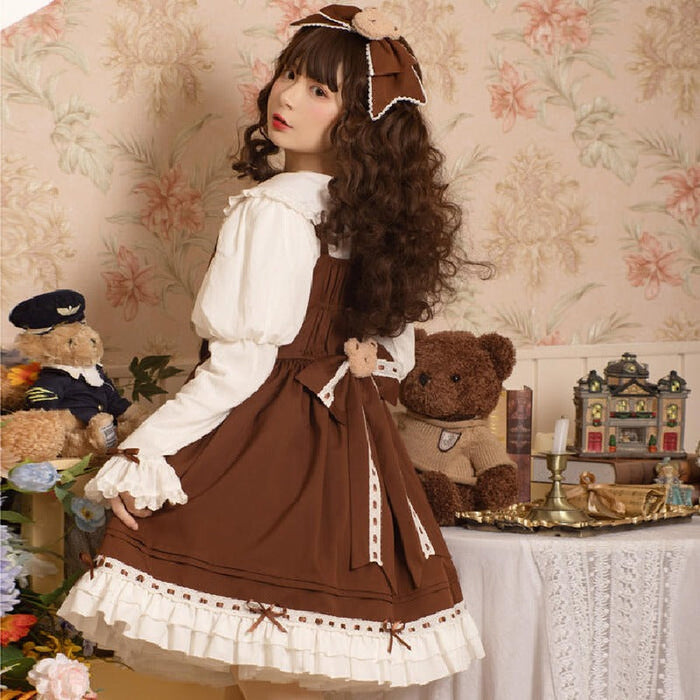 【2点セット】ワンピース ロリータ服 ジャンパースカート くま エレガント かわいい クマちゃん JSK 膝丈 ベア ぬいぐるみ 秋新作 レディース 甘ロリィタ ブラウン フリル リボン ロリータ lolita ドレス 日常 お出かけ デート