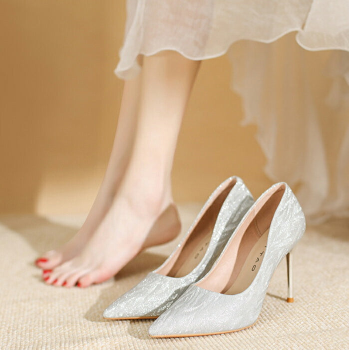 【7日内出荷】【5cm~9cmヒール】結婚式 パンプス 歩きやすい 疲れない キラキラ ラメ グリッター ポインテッドトゥ ピンヒール  ミドルヒール ハイヒール レディース パーティー お呼ばれ 二次会 ウェディング 花嫁 美脚 脚長 上品 シルバー ピンクゴールド