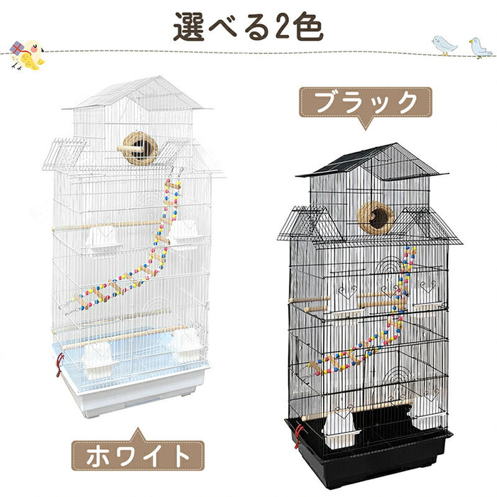 RAKU バードケージ 大型 多頭飼い 鳥かご セキセイインコ オカメインコ 飼育セット 幅50×奥行40×高さ104cm 止まり木 巣箱 ブランコ付き エサ入れ4個 引き出し式トレー お手入れ簡単 ホワイト/ブラック