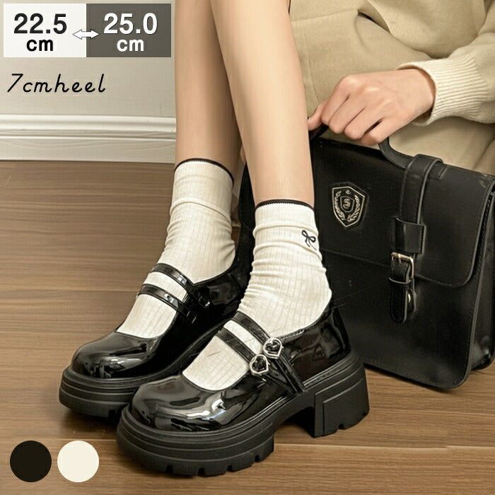 【7日内出荷】【7cmヒール】厚底 メリージェーン レディース 厚底パンプス  ヒールパンプス ダブルストラップ ハートバックル エナメル チャンキーソール ボリュームソール 歩きやすい 疲れにくい 韓国 かわいい 学生 通学 ライブ 黒 オフホワイト 秋冬