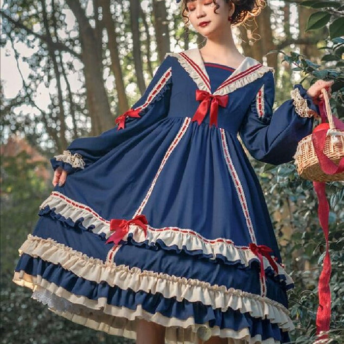 【7日内出荷】ロリータ ドレス ゴスロリ＆ロリータ服 長袖 ワンピース 膝丈 ミモレ丈 ロング ロリィタ服 マリン風 お姫様 ドレス 裾フリル レース リボン 可愛い ハイウエスト 学園祭 イベント コスプレ衣装 コスチュームレディース 大人 春秋冬 S M L XLワインレッド ネイビー
