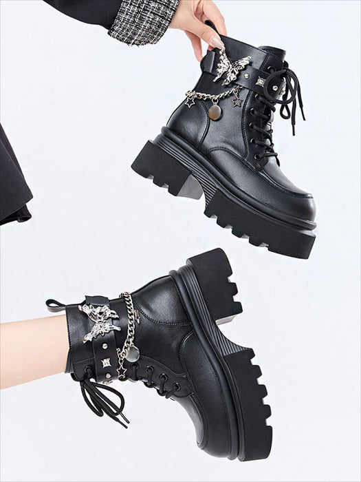【7日内出荷】ショートブーツ 厚底 レースアップブーツ レディース 太ヒール パンク風 チェーン付き 編み上げ おしゃれ 秋ブーツ ラウンドトゥ 靴 痛くない 履きやすい ゆったり サイドジップ シンプル 美脚 人気 春夏秋冬 韓国 通勤 合皮 原宿系 細見え 黒 青 ハロウィン ロック ゴスロリ