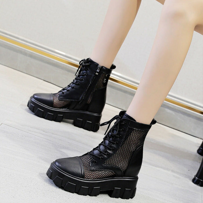 【7日内出荷】ショートブーツ レースアップブーツ レディース 厚底 ブーツ 太ヒール サイドジップ 靴 黒 編み上げブーツ 日常 通勤 美脚 カジュアル ラウンドトゥ おしゃれ 痛くない 履きやすい 柔らかい 幅広 きれいめ シンプル 大人気 春夏秋冬 韓国 仕事 細見え 合皮 裏起毛 メッシュ