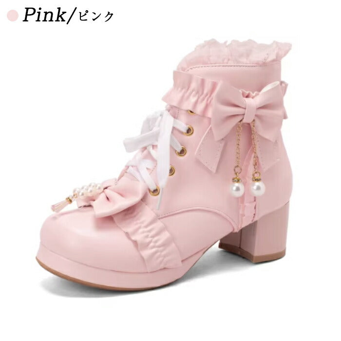 【5cm ヒール】厚底ブーツ ロリータ ブーツ レディース ショートブーツ 編み上げブーツ 甘ロリ お姫様 森ガール ロリィタ靴 レース リボン パール 5cm 太ヒール 歩きやすい 痛くない サイドジップ おしゃれ かわいい お茶会 コスプレ 黒 ピンク 白 秋冬