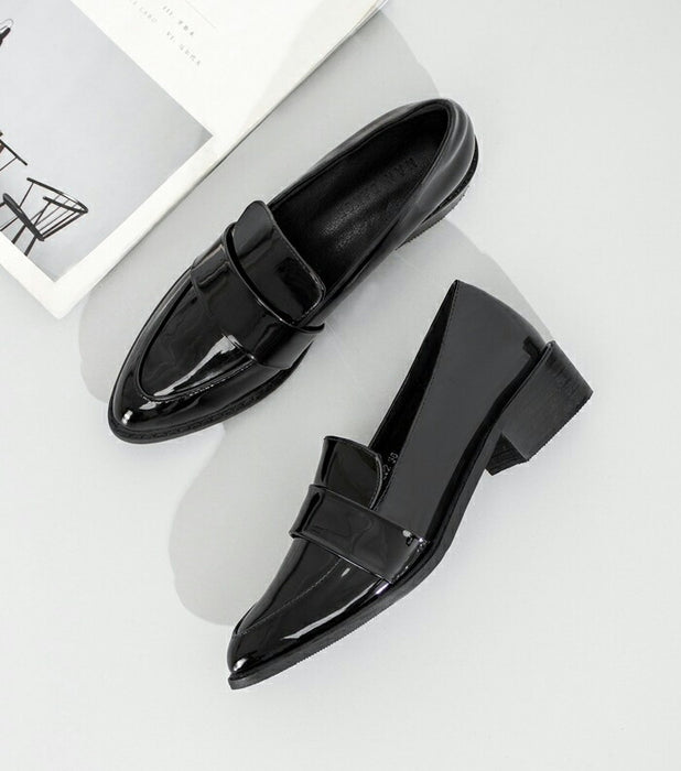 【7日内出荷】【4cmヒール】ローファー パンプス プレーン レディース 歩きやすい 疲れない 走れる 厚底 4cmヒール PU ポインテッドトゥ チャンキーヒール 美脚 靴 黒 柔らかい エナメル スムース きれいめ オフィス 通勤 立ち仕事 入学式 卒業式 ママコーデ おしゃれ