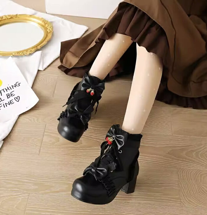【5cmヒール】ロリータ ブーツ 厚底ブーツ レディース キッズ 子供 靴 ショート丈 編み上げブーツ お姫様 お嬢様 ロリィタ いちご リボン レース  太ヒール 歩きやすい 痛くない サイドジップ かわいい 七五三 コスプレ お茶会 発表会 黒 白 秋冬