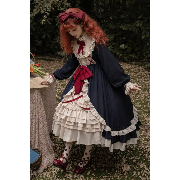 ロリィタ ワンピース スカラップドレス レディース ゴスロリ 長袖ワンピース ダンス衣装 大きいリボン 可愛い イベント ペプラムワンピース 文化祭 姫様 紺色 華ロリ (ネイビー, M)