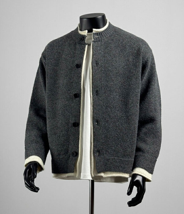 ニットジャケット メンズ 秋冬 カーディガン 厚手 スタンドカラー ニットブルゾン アウター トップス レイヤード風 重ね着風 ボタンフロント 長袖 ゆったり ビッグシルエット カジュアル シンプル 無地 おしゃれ かっこいい 男性 グレー 黒