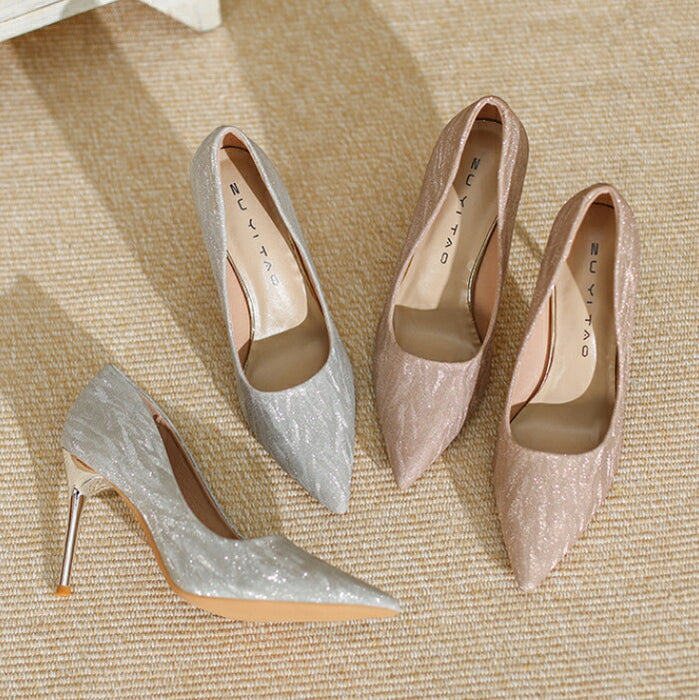 【7日内出荷】【5cm~9cmヒール】結婚式 パンプス 歩きやすい 疲れない キラキラ ラメ グリッター ポインテッドトゥ ピンヒール  ミドルヒール ハイヒール レディース パーティー お呼ばれ 二次会 ウェディング 花嫁 美脚 脚長 上品 シルバー ピンクゴールド