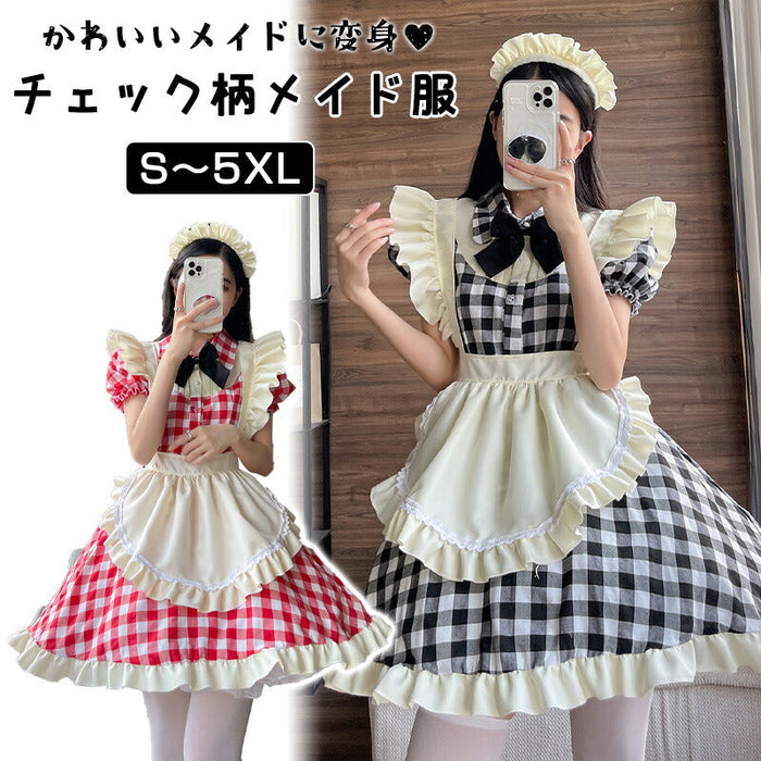 【7日内出荷】4点セット　チェックメイド服 ミニ丈 メイド喫茶 メイドコスチューム ジャパニーズメイド ミニスカ ハロウィン 衣装 仮装 パーティ コスプレ フルセット 可愛い 萌え