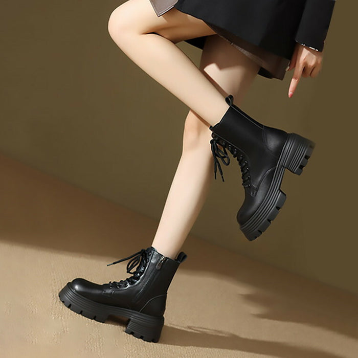 【7日内出荷】【6.5cmヒール】レディース ショートブーツ 厚底  太ヒール ブーツ くつ 靴 スエード PU レザーシューズ 安定感 美脚 黒 ブラウン 裏起毛 春 秋 冬 サイドゴム レースアップ おしゃれ 韓国 歩きやすい 疲れない 滑りにくい 大きいサイズ 22cm～25cm 中学生 高校生 通学 通勤