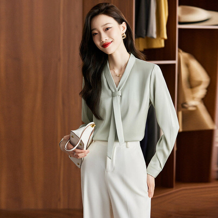 【7日内出荷】ブラウス レディース オフィス ボウタイ スカーフタイ リボンタイ Vネック スーツ カットソー きれいめ 長袖 シフォン 白ブラウス 白シャツ インナー トップス オフィスカジュアル シワになりにくい イージーケア 春 夏