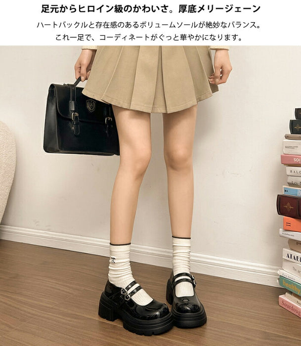 【7日内出荷】【7cmヒール】厚底 メリージェーン レディース 厚底パンプス  ヒールパンプス ダブルストラップ ハートバックル エナメル チャンキーソール ボリュームソール 歩きやすい 疲れにくい 韓国 かわいい 学生 通学 ライブ 黒 オフホワイト 秋冬