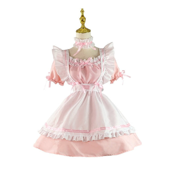 【7日内出荷】6点セット メイド服 コスプレ可愛い セクシー 制服 ハロウィン ゆめかわ 大人 レディース エプロン カチューシャ 半袖 ゴスロリ シンプル スカート ロリータ ワンピース 白 黒 赤 文化祭 リボン ピンク シンプル 仮装 衣装 膝丈