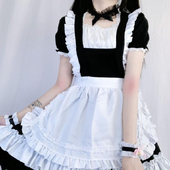【7日内出荷】4点セット メイド服 ミニ丈 メイド喫茶 メイドコスチューム ジャパニーズメイド lolitaメイド服 セット ミニスカ ハロウィン  衣装 仮装 パーティ コスプレ ウェイトレス