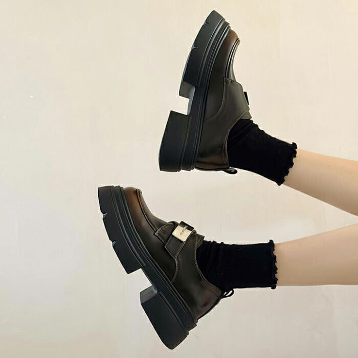 【7日内出荷】【5cmヒール 】厚底ローファー レディース パンプス PU 合皮 ストラップスクール ローファー ベルクロ 面ファスナー メタルプレート Uチップ チャンキーソール ボリュームソール 歩きやすい 身長アップ 美脚 学生 通学 通勤 制服コーデ 黒 茶色