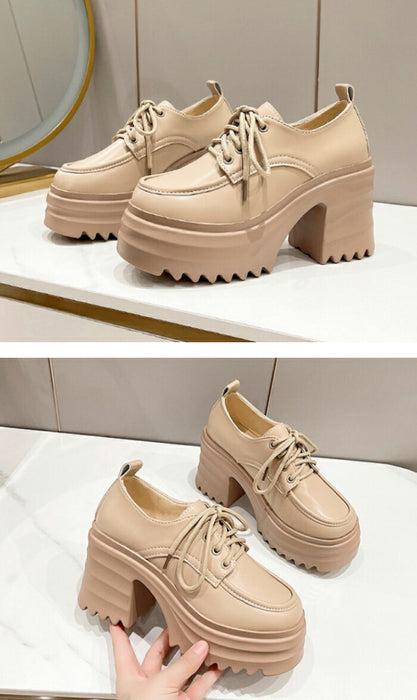 【7日内出荷】【10cmヒール】オックスフォードシューズ 厚底シューズ レディース 厚底 チャンキーヒール 太ヒール Uチップ 革靴 レザー 合皮 シャーク 歩きやすい 疲れにくい 美脚 脚長 おしゃれ 学生 通学 通勤 黒 オフホワイト ベージュ 秋冬 シューズ