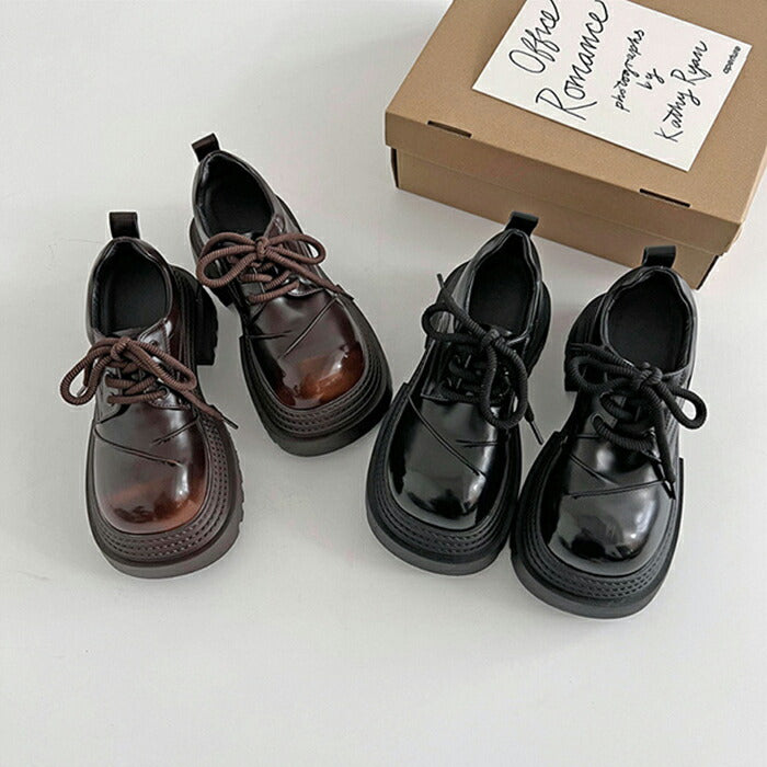 【7日内出荷】【7cmヒール】厚底オックスフォードシューズ レディース 厚底7cmヒール おでこ靴 レースアップ エナメル 合皮 チャンキーソール ボリューム スニーカー 歩きやすい 疲れない 美脚 脚長 身長アップ マニッシュ シューズ 中学 高校 学生 通学 黒 茶色 秋冬