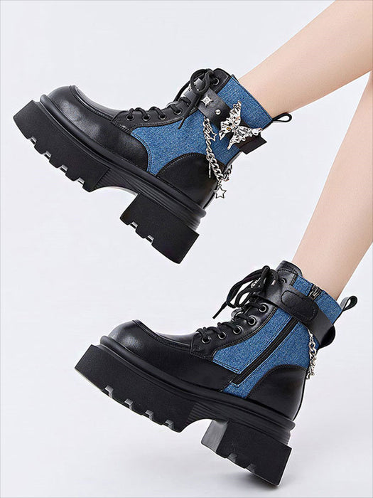 【7日内出荷】ショートブーツ 厚底 レースアップブーツ レディース 太ヒール パンク風 チェーン付き 編み上げ おしゃれ 秋ブーツ ラウンドトゥ 靴 痛くない 履きやすい ゆったり サイドジップ シンプル 美脚 人気 春夏秋冬 韓国 通勤 合皮 原宿系 細見え 黒 青 ハロウィン ロック ゴスロリ