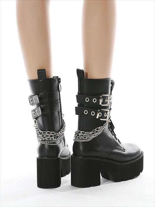 【7日内出荷】ショートブーツ レディース 厚底 レースアップブーツ チェーン付き ダンスシューズ ヒール8.5cm 秋ブーツ パンク風 カジュアル 靴 日常 通勤 おしゃれ 痛くない 履きやすい 柔らかい ゆったり ラウンドトゥ きれいめ 人気 クール 春夏秋冬 韓国 仕事 合皮 原宿系 細見え 黒