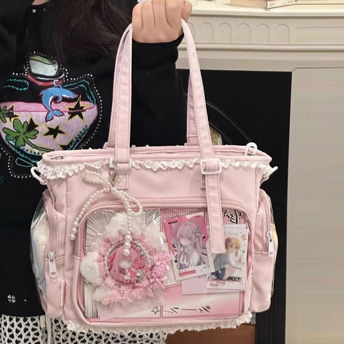 【7日内出荷】【2WAY】ショルダーバッグ 肩掛け トートバッグ  痛バ バッグ 無地 軽量 ぬいぐるみバッグ ビニールバッグ 透明 缶バッジ 見せる収納 痛バック 通学 推し活 通勤 カジュアル レディース おしゃれ 女の子 かわいい