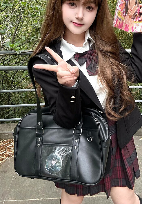 【7日内出荷】痛バッグ スクールバッグ JK ショルダー 大容量 合皮 PU 中学生 高校生 女子高生 バッグ トートバッグ 防水 底鋲付き レディース 防水  肩掛け 斜め掛け 手提げ 通学カバン クリア 見せバッグ 推し活 制服 JK鞄 可愛い おしゃれ 黒 茶