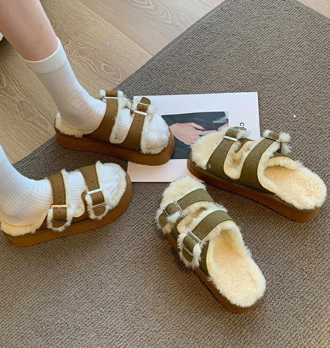 【7日内出荷】【5cmヒール】サンダル 厚底 ファーサンダル レディース もこもこ 5cmヒール 歩きやすい つっかけ ダブルベルト 防寒 暖かい 痛くない 疲れにくい 美脚効果 身長アップ きれいめ 外履き 冬用サンダル 秋冬 おしゃれ ルームシューズ ブラウン グリーン