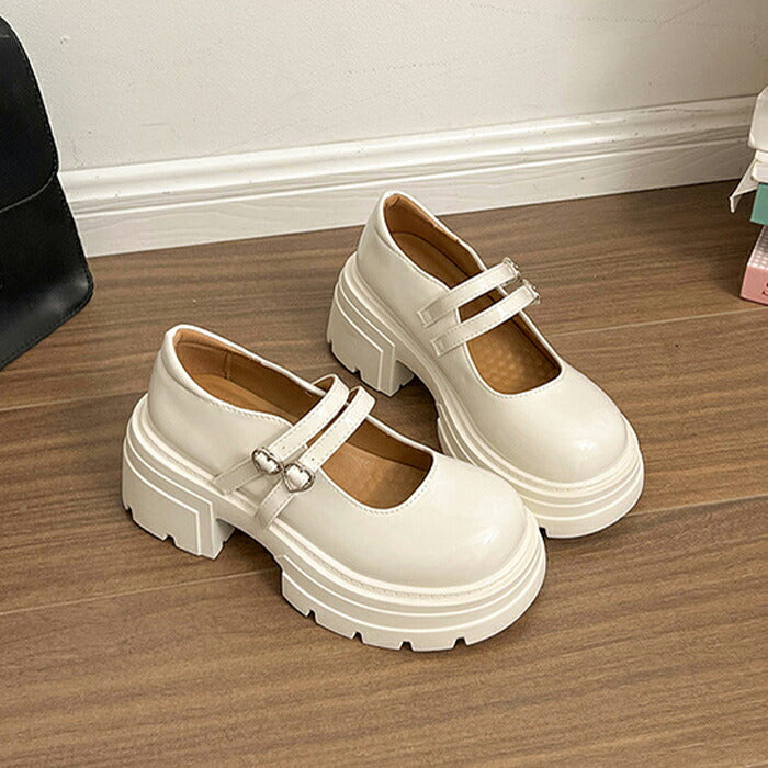 【7日内出荷】【7cmヒール】厚底 メリージェーン レディース 厚底パンプス  ヒールパンプス ダブルストラップ ハートバックル エナメル チャンキーソール ボリュームソール 歩きやすい 疲れにくい 韓国 かわいい 学生 通学 ライブ 黒 オフホワイト 秋冬