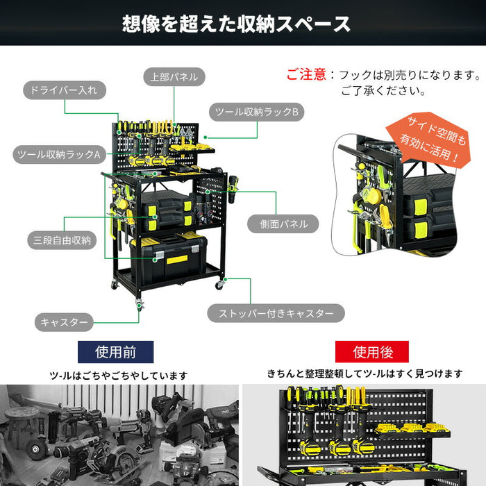 RAKU ツールカート 工具ワゴン 工具台車 工具カート 3段 折り畳み式 ツール収納ラック 折りたたみ式ツールカート 工具収納カート  作業用ワゴン 工具整理カート  360°回転キャスター メッシュパネル付き ストッパー付き DIY 耐荷重150kg 工具収納