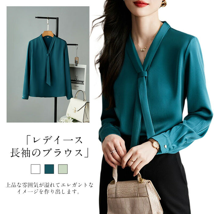 【7日内出荷】ブラウス レディース オフィス ボウタイ スカーフタイ リボンタイ Vネック スーツ カットソー きれいめ 長袖 シフォン 白ブラウス 白シャツ インナー トップス オフィスカジュアル シワになりにくい イージーケア 春 夏