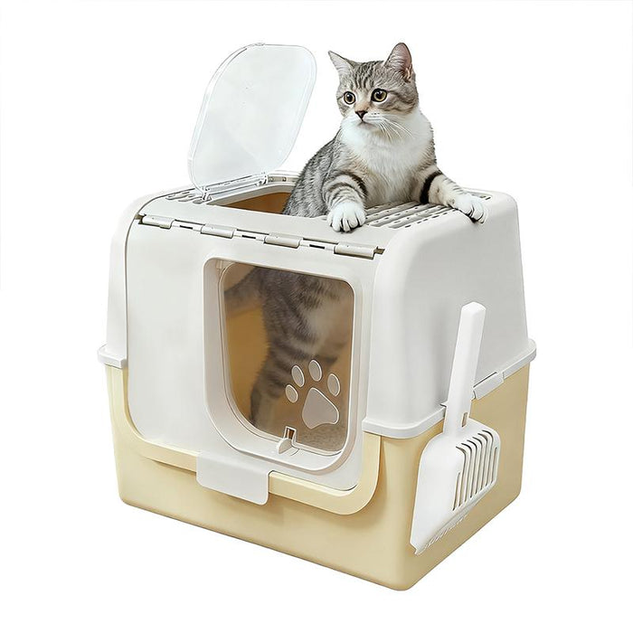 RAKU 猫トイレ ネコトイレ ダブル脱臭 砂の飛び散り防止 2WAY出入り方法 35*42*33.5cm 掃除しやすい スコップ付 大容量 優れた耐久性 猫用トイレ 上から猫トイレ