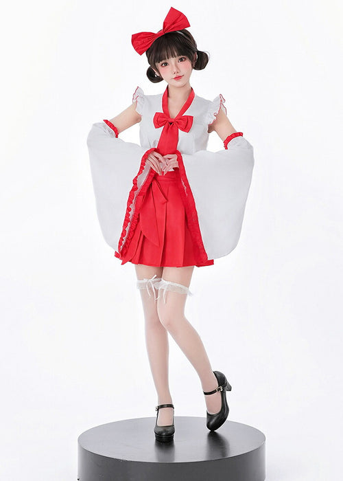 【7日内出荷】【5点セット】赤スカート 巫女 リボン コスプレ 衣装 巫女コスプレ 和服 着物 花魁 メイド服 ハロウィン衣装 ハロウィンコスプレ ハロウィン仮装 仮装 衣装 セクシー レディース 大人 女性用 こすぷれ コス 振袖 白 赤 可愛い