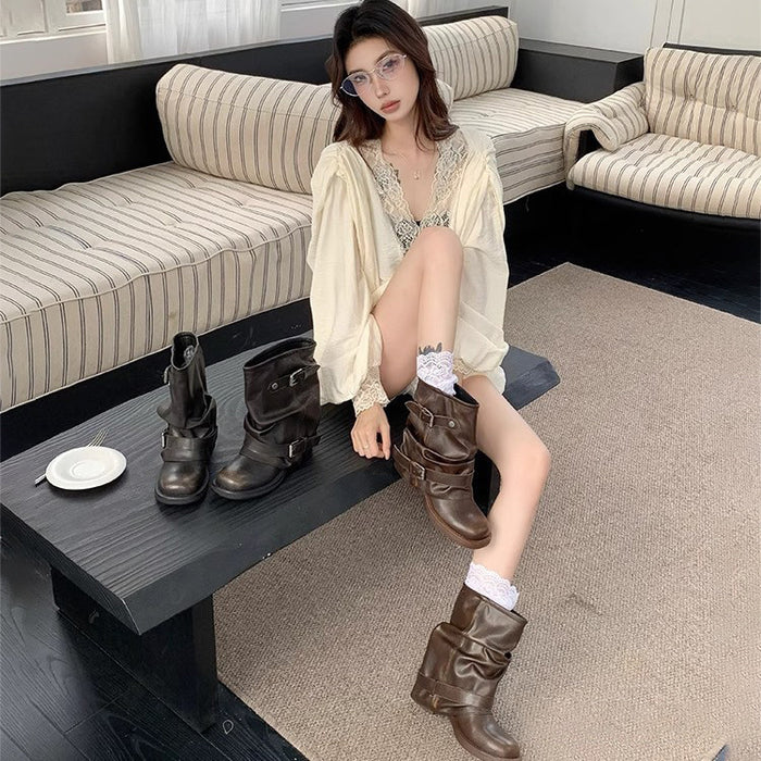 【7日内出荷】【4.5cmヒール】ウエスタンブーツ ナウシカブーツ ショートブーツ レディース ブーツ パンク系 ヴィンテージ ウエスタン ゆったり ミドル丈 PU 4.5cm チャンキーヒール 太ヒール 安定感 美脚 靴 通学 通勤 おしゃれ 春秋冬 韓国 歩きやすい 疲れない 痛くない 大きいサイズ 22cm～24.5cm 黒