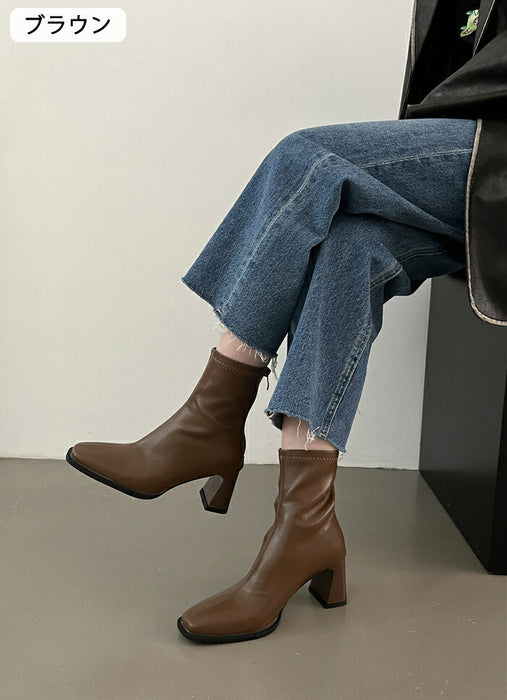 【8cmヒール】ブーツ レディース ショートブーツ ストレッチ 歩きやすい 痛くない ストレッチブーツ 8cmヒール ハイヒール バックジップ チャンキーヒール 通勤 オフィス ソックスブーツ 美脚 きれいめ カジュアル 大人女子 秋冬 黒 ブラウン アイボリー