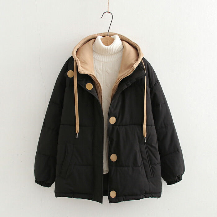 【7日内出荷】中綿ジャケット レディース レイヤード風 アウター 中綿コート 秋冬 ジャケット ダウンジャケット ブルゾン パーカー フード付き バイカラー 韓国 きれいめ カジュアル 大人可愛い ゆったり 体型カバー 高見え おしゃれ 暖かい 防寒 軽量