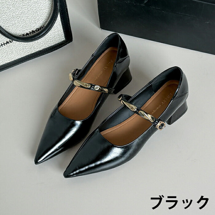 【7日内出荷】【4.5cmヒール】メリージェーン パンプス レディース 走れる ストラップ チャンキーヒール 太めヒール 4.5cm ポインテッドトゥ 痛くない 歩きやすい 疲れない メタリック 美脚 靴 きれいめ オフィス 通勤 フォーマル お呼ばれ 結婚式 パーティー 秋冬 春