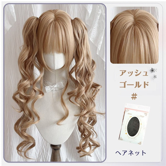 【7日内出荷】ロリータ ウィッグ ロング カール ツインテール フルウィッグ バンスクリップ付き 前髪あり ふんわり カール 耐熱 コスプレ メイド ロリータファッション 撮影用 衣装用 ブラック ブラウン 金髪
