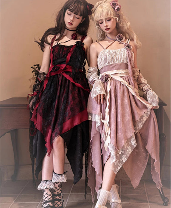【7日内出荷】3点セット ロリータワンピース キャミワンピース ロリータ衣装 lolita jsk 全3色 不規則裾 付け袖付き 甘ロリ レース 原宿 可愛い ガーリー 春秋 S/M/L